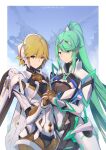  2girls absurdres armor bangs blonde_hair blue_eyes breasts chest_jewel cyborg earrings fiora_(xenoblade) gloves green_eyes green_hair hair_ornament headpiece highres holding jewelry large_breasts linzi long_hair looking_at_viewer mecha-fiora medium_breasts multiple_girls pneuma_(xenoblade) ponytail short_hair simple_background smile swept_bangs thighhighs tiara very_long_hair weapon xenoblade_chronicles xenoblade_chronicles_(series) xenoblade_chronicles_2 xenoblade_chronicles_3 