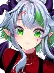  1girl 7cm13cm blue_hair bsapricot_(vtuber) candy_cane_hair_ornament closed_mouth demon_wings eyebrows_visible_through_hair eyes_visible_through_hair food-themed_hair_ornament green_eyes green_hair hair_ornament highres horns jewelry lich multicolored_hair necklace pointy_ears teeth upper_teeth virtual_youtuber vshojo wings 