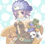 1girl alchemist_(ragnarok_online) bag bangs basket blue_gloves blush blush_stickers breasts brown_cape brown_dress cape carrot commentary_request cowboy_shot dress elbow_gloves fingerless_gloves fur_collar gloves large_breasts looking_at_viewer lowres open_mouth purple_eyes purple_hair ragnarok_online seal_(animal) seal_(ragnarok_online) shimotsuki_nozomi short_hair smile solo strapless strapless_dress stuffed_animal stuffed_panda stuffed_toy vial 
