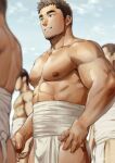  4boys abs bara brown_eyes brown_hair bulge facial_hair festival gentle2nd goatee large_pectorals loincloth male_focus midriff_sarashi multiple_boys muscular muscular_male original pectorals sarashi smile solo_focus symbol-only_commentary thick_eyebrows 
