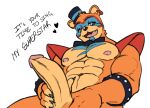  &lt;3 abs anthro armband bedroom_eyes big_penis blue_eyes bodypaint bow_tie clothing ear_piercing english_text five_nights_at_freddy&#039;s five_nights_at_freddy&#039;s:_security_breach fur genitals glamrock_freddy_(fnaf) hat headgear headwear holding_penis looking_at_viewer male mammal mostly_nude muscular muscular_male narrowed_eyes navel nipples open_mouth orange_body orange_fur pecs penis piercing scottgames seductive shoulder_pads simple_background solo tailverknk tan_body tan_fur text top_hat ursid video_games 