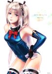  1girl artist_request black_ribbon blonde_hair blue_eyes blue_legwear blue_leotard dead_or_alive dead_or_alive_5 elbow_gloves english_text frilled_leotard frilled_swimsuit frills gloves hair_ribbon highres leotard long_hair marie_rose ribbon solo swimsuit twintails 