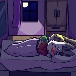  1:1 anthro bed bed_sheet bedding blush clothing cuddling darlan_bunnit(character) darli_buni duo embrace female furniture hi_res hug hugging_from_behind lagomorph leporid lexi_copperfur(darli_buni) light male male/female mammal mirror moon moonlight pillow rabbit scut_tail short_tail sleeping sweater topwear wardrobe window window_light 