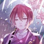  1boy cherry_blossoms chiaki_autumn collared_shirt crying flower food_fantasy looking_at_viewer pale_skin petals pink_eyes raindrop_cake_(food_fantasy) red_hair second-party_source shirt tears umbrella white_shirt 