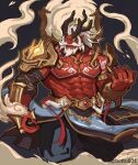  1boy abs antlers armor bara bare_pectorals beard belt_buckle botto831 buckle clothes_lift colored_skin facial_hair feet_out_of_frame frown gem heaven_and_earth_tribulation large_pectorals male_focus mature_male muscular muscular_male mustache nipples pauldrons pectorals pelvic_curtain pelvic_curtain_lift red_skin reindeer_antlers shoulder_armor smoke solo xieyu 