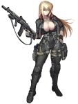  1girl assault_rifle belt belt_pouch black_gloves black_jacket black_pants blonde_hair blue_eyes breasts cleavage closed_mouth dairoku_ryouhei fingerless_gloves full_body gloves gun hand_on_hip handgun hetza_(hellshock) holding holding_weapon holstered_weapon jacket kalashnikov_rifle large_breasts leg_armor long_hair looking_at_viewer pants pistol pouch rifle smirk solo standing thigh_strap tight transparent_background trigger_discipline weapon 