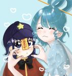  2girls :&lt; :t bangs black_bow black_bowtie blue_background blush bow bowtie cabbie_hat closed_eyes drill_locks eyebrows_behind_hair floral_print hair_ornament hair_rings hair_stick hat hat_ornament kaku_seiga light_smile looking_at_another miyako_yoshika multiple_girls polimy2580 pout puffy_short_sleeves puffy_sleeves purple_eyes purple_hair purple_headwear red_shirt shirt short_hair short_sleeves simple_background star_(symbol) star_hat_ornament touhou upper_body 