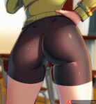  1girl ass ass_focus bike_shorts black_short blurry blurry_background classroom english_commentary green_jacket hand_on_hip indoors jacket kagato007 lower_body patreon_logo patreon_username persona persona_4 satonaka_chie shorts solo track_jacket 