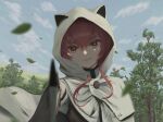  1girl absurdres animal_ears bangs blurry blurry_foreground cape cat_ears closed_mouth cloud day eris_greyrat fake_animal_ears floating_hair grey_cape hair_between_eyes highres holding holding_sword holding_weapon hood hood_up hooded leaf looking_at_viewer motion_blur mushoku_tensei nuan_shang outdoors red_eyes red_hair shiny shiny_hair short_hair_with_long_locks sidelocks smile smug solo sword upper_body weapon 