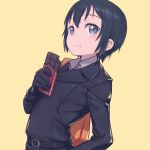  1girl :t absurdres arched_back bangs black_gloves black_hair black_jacket candy chocolate chocolate_bar closed_mouth daisi_gi eating food food_on_face gloves grey_eyes hair_between_eyes highres jacket kino_(kino_no_tabi) kino_no_tabi leaning_back long_sleeves shiny shiny_hair short_hair simple_background solo upper_body wing_collar yellow_background 