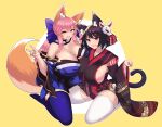  2girls absurdres animal_ear_fluff animal_ears azur_lane bell black_kimono blue_bow blue_kimono blue_legwear blue_ribbon bow breasts cat_ears cat_mask cleavage eyebrows_visible_through_hair fang fate/extella fate/extra fate/extra_ccc fate/grand_order fate_(series) fox_ears fox_girl fox_shadow_puppet fox_tail hair_ribbon highres huge_breasts japanese_clothes jifuwabe kimono mask mask_on_head mismatched_eyebrows multiple_girls open_mouth paw_pose pink_hair red_eyes ribbon short_kimono sideboob skin_fang split_ponytail tail tail_bell tail_ornament tamamo_(fate) tamamo_no_mae_(fate/extra) white_legwear yamashiro_(azur_lane) yellow_eyes 