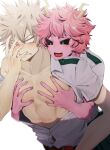  1boy 1girl abs ashido_mina bakugou_katsuki bangs bare_arms behind_another black_sclera blonde_hair blush boku_no_hero_academia buttons clenched_teeth collarbone colored_sclera colored_skin eyebrows_visible_through_hair fingernails grabbing grabbing_from_behind hand_on_own_face hand_up hands_on_another&#039;s_chest hands_up horns kangoku_meika leaning_forward looking_at_another medium_hair nipples open_mouth partially_unbuttoned pectoral_grab pectorals pink_hair pink_skin sexual_harassment shiny shiny_hair shirt short_sleeves simple_background spiked_hair stomach sweat teeth toned toned_male v-shaped_eyebrows white_background yellow_eyes 
