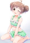  ahoge alternate_hairstyle bangs bare_shoulders barefoot between_legs blush bow breasts brown_eyes brown_hair collarbone commentary_request double_bun frilled_swimsuit frills goma_konbu gradient gradient_background green_swimsuit hakozaki_serika hand_between_legs highres idolmaster idolmaster_million_live! looking_at_viewer navel on_floor one_eye_closed sitting small_breasts smile solo swimsuit wariza wet wet_hair 