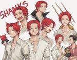  ^_^ ^o^ closed_eyes cup dracule_mihawk facial_hair hat multiple_views one_piece red_hair scar scar_across_eye scar_on_face shanks shirt stuffed_animal stuffed_toy white_shirt yashi_vv 