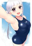  1girl arashi_chisato blue_sky blue_swimsuit blush breasts cloud cloudy_sky collarbone cowboy_shot double_bun eyebrows_visible_through_hair hair_between_eyes hand_up highres kooei long_hair looking_at_viewer love_live! love_live!_superstar!! open_mouth red_eyes school_swimsuit sky small_breasts solo swimsuit white_hair 