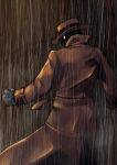  1boy absurdres belt brown_coat clenched_hand coat fedora from_behind gloves glowing glowing_eyes grey_gloves hat highres long_coat looking_back male_focus mask popped_collar q_(street_fighter) rain solo street_fighter street_fighter_iii_(series) trench_coat val_(escc4347) yellow_eyes 