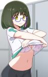  black_hair black_pants blue-framed_eyewear blurry blurry_background bra breasts cleavage clothes_lift commentary_request floral_print frilled_bra frills from_side glasses gym_uniform highres indoors lifted_by_self locker locker_room looking_down mahouka_koukou_no_rettousei midriff navel pants semi-rimless_eyewear shibata_mizuki shirt shirt_lift short_hair short_sleeves sumi_(shibata3gb) tassel under-rim_eyewear underwear undressing white_shirt yellow_eyes 