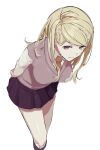  1girl absurdres akamatsu_kaede arms_behind_back black_skirt blonde_hair closed_mouth commentary_request danganronpa_(series) feet_out_of_frame hair_ornament hairclip highres leaning_forward long_hair long_sleeves looking_at_viewer necktie pink_sweater_vest pleated_skirt purple_eyes raimone26 red_necktie school_uniform shirt simple_background skirt smile solo sweater_vest white_background white_shirt 