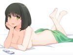  1girl arm_support bare_shoulders barefoot bed_sheet black_hair bob_cut breasts collarbone commentary eyewear_removed feet_up head_rest highres large_breasts looking_at_viewer lying mahouka_koukou_no_rettousei naked_towel on_bed on_stomach parted_lips semi-rimless_eyewear shibata_mizuki short_hair simple_background solo sumi_(shibata3gb) towel under-rim_eyewear white_background yellow_eyes 