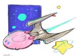  crossover highres kirby kirby_(series) kirby_and_the_forgotten_land mouthful_mode no_humans oomasa_teikoku parody science_fiction sketch solo space space_craft star_(sky) star_trek star_trek:_discovery uss_discovery_ncc-1031 vehicle_focus waddle_dee 