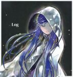  1girl bangs blue_hair border cape closed_eyes closed_mouth facing_viewer floating_hair grey_cape honzuki_no_gekokujou hood hood_up hooded long_hair maine_(honzuki_no_gekokujou) neck_ribbon piko_stail purple_ribbon ribbon shiny shiny_hair solo standing swept_bangs twintails very_long_hair white_border 