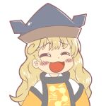  1girl bangs blonde_hair blush brown_headwear cape closed_eyes commentary_request constellation constellation_print detached_sleeves eyebrows_visible_through_hair grey_headwear gyate_gyate hat long_hair long_sleeves matara_okina open_mouth orange_cape shimaya_naokazu shirt simple_background smile solo tabard tongue touhou upper_body wavy_hair white_background white_shirt wide_sleeves 