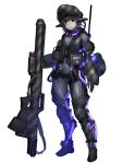  1girl anti-materiel_rifle barcode barcode_tattoo belt black_hair bodysuit camouflage chain_paradox closed_mouth covered_navel facial_tattoo full_body glowing gun headgear hetza_(hellshock) holding holding_weapon looking_at_viewer purple_eyes rifle science_fiction sniper_rifle solo standing tattoo transparent_background vest weapon 