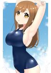  1girl :o blue_sky blue_swimsuit blush breasts brown_hair cloud cloudy_sky cowboy_shot eyebrows_visible_through_hair hair_between_eyes highres kooei kunikida_hanamaru large_breasts long_hair looking_at_viewer love_live! love_live!_sunshine!! school_swimsuit sky solo stretch swimsuit yellow_eyes 