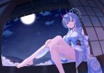  1girl absurdres barefoot blue_archive blue_hair bow braid braided_ponytail chise_(blue_archive) cloud commentary_request feet halo hand_fan harold_japan highres horns japanese_clothes kimono legs looking_at_viewer moon night night_sky paper_fan red_eyes sitting sky smile solo uchiwa 