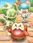  blush brown_eyes building closed_eyes commentary_request day fangs fuecoco matsuri_(matsuike) no_humans open_mouth outdoors pokemon pokemon_(creature) quaxly sky sprigatito standing starter_pokemon_trio tongue 