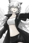  1girl :d absurdres animal_ears arknights bandeau bangs breasts commentary eyebrows_visible_through_hair grey_background grey_eyes hair_between_eyes highres lappland_(arknights) long_hair long_sleeves looking_at_viewer medium_breasts midriff navel open_mouth revision silver_hair simple_background smile solo stomach strapless tube_top upper_body uryu_(uryu0329) very_long_hair wolf_ears 