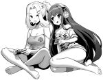  2girls azur_lane azur_lane:_slow_ahead bangs bare_legs barefoot blush bottle bunker_hill_(azur_lane) bunker_hill_(mission_relaxation)_(azur_lane) camisole chips clothes_writing controller eyebrows_visible_through_hair food food_in_mouth game_controller greyscale hair_ornament hairclip headphones holding holding_bottle holding_controller hori_(hori_no_su) long_hair long_island_(azur_lane) long_island_(long_island_-_indoor_slacker)_(azur_lane) looking_at_another monochrome multiple_girls parted_bangs simple_background single_sock socks strap_slip striped striped_legwear very_long_hair white_background 
