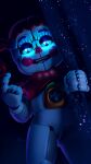  absurd_res ashleyorange baby_(fnafsl) blue_eyes bottomless circus_baby_(fnaf) clothed clothing clown clown_girl clown_makeup clown_nose curtains curtains_open female five_nights_at_freddy&#039;s hair hi_res human humanoid machine mammal pigtails red_clothing red_hair red_topwear robot robot_humanoid scottgames sister_location solo topwear video_games white_body 