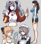  4girls ;t absurdres animal_ears arknights bangs bare_legs bianka_durandal_ataegina black_eyes black_hair black_shorts blonde_hair blue_eyes blue_shirt breasts clenched_hand collarbone commentary_request crop_top cropped_jacket cropped_torso dinoyhs eyebrows_visible_through_hair feater_(arknights) feater_(gourmet)_(arknights) food full_body grey_background grey_hair hair_over_one_eye hand_up hat highres holding holding_food honkai_(series) honkai_impact_3rd jacket large_breasts long_hair long_sleeves looking_at_viewer low_ponytail midriff mob_cap multiple_girls navel official_alternate_costume open_clothes open_jacket panda_ears red_eyes red_jacket revision rita_rossweisse shirt short_shorts shorts silver_hair simple_background sleeveless sleeveless_shirt standing stomach t-shirt thighs twintails upper_body white_headwear white_shirt 
