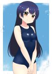  1girl blue_hair blue_sky blue_swimsuit blush breasts cloud cloudy_sky covering covering_crotch cowboy_shot eyebrows_visible_through_hair hair_between_eyes highres kooei long_hair looking_at_viewer looking_back love_live! love_live!_school_idol_project school_swimsuit sky small_breasts solo sonoda_umi swimsuit water yellow_eyes 