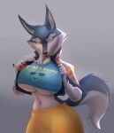  anthro arctic big_breasts breasts canid canine canis clothing female hi_res illumination_entertainment jacket mammal pattern_clothing porsha_crystal scien sing_(movie) smile solo star topwear topwear_lift viewer wolf 