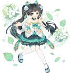  1girl ark_order bangs bare_shoulders black_bow black_hair blue_bow blue_footwear bow bug butterfly butterfly_wings detached_collar detached_sleeves dress energy_wings flat_chest flower footwear_bow frilled_sleeves frills full_body gold_trim green_bow green_dress green_eyes green_wings hair_bow hair_flower hair_ornament hairclip leaf leizu_(ark_order) long_hair long_sleeves multicolored_clothes multicolored_dress official_art shoes solo sparkle tachi-e thighhighs transparent_background tsukimi_(xiaohuasan) twintails very_long_hair white_bow white_dress white_flower white_legwear wings 