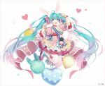  1girl :d ahoge animal_ear_fluff animal_ears aqua_hair arm_up balloon blue_eyes boots bow character_name commentary cross-laced_footwear dress flower gradient_hair hair_bow hakusai_(tiahszld) hand_up hatsune_miku heart heart_balloon lace-up_boots long_hair looking_at_viewer midair multicolored_hair open_mouth pink_dress pink_hair puffy_short_sleeves puffy_sleeves rabbit_ears red_bow revision roller_skates rose short_sleeves skates smile solo striped striped_bow teeth thighhighs thighhighs_under_boots twintails upper_teeth very_long_hair vocaloid white_background white_footwear white_legwear yellow_flower yellow_rose 
