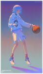  1other absurdres bangs basketball blue_eyes blue_hair casual commentary_request english_text eyebrows_visible_through_hair full_body highres hood hoodie joel_embiid legs looking_down national_basketball_association night night_sky nike open_mouth original philadelphia_76ers red_legwear shadow shoes short_hair shunken_he sidelocks sky sneakers socks sportswear standing star_(sky) sweatshirt twitter_username under_armour white_footwear white_hoodie 