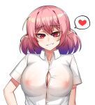  1girl badge breasts button_badge cleavage collared_shirt commentary_request covered_nipples eyebrows_visible_through_hair gradient_hair heart highres korean_commentary large_breasts looking_at_viewer lucid_(maplestory) maplestory mastgg medium_hair multicolored_hair parted_lips pink_eyes pink_hair pointy_ears purple_hair shirt short_sleeves simple_background smirk solo spoken_heart upper_body white_background white_shirt 