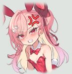  1girl absurdres anger_vein angry animal_ears bare_shoulders bow bowtie breasts cleavage clenched_teeth detached_collar fake_animal_ears girls&#039;_frontline grey_background hair_between_eyes hair_ornament hair_ribbon hexagram highres jingo long_hair looking_at_viewer negev_(girls&#039;_frontline) pink_hair playboy_bunny rabbit_ears rabbit_tail red_bow red_bowtie red_eyes red_ribbon ribbon simple_background small_breasts solo tail tears teeth twintails upper_body 