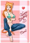  1girl animal_ears arm_under_breasts armpit_crease barefoot between_legs bikini bracelet breasts cat_ears cat_tail character_name collarbone commentary_request dated denim english_text eyelashes feet green_bikini hand_between_legs happy_birthday heart highres holding holding_tail jeans jewelry knee_up large_breasts legs long_hair nail_polish nami_(one_piece) navel one_eye_closed one_piece open_mouth orange_hair pants partially_unbuttoned pink_background pink_nails raida_(user_yypr5857) shiny shiny_clothes shiny_hair sitting smile solo striped striped_bikini swimsuit tail teeth toenail_polish toenails toes tongue underboob upper_teeth watch wristwatch 