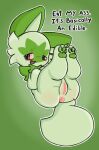  anus dustyspaghetti felid feline female feral fur genitals green_body green_fur green_pawpads hi_res looking_at_viewer mammal narrowed_eyes nintendo open_mouth pawpads pok&eacute;mon pok&eacute;mon_(species) pussy red_eyes simple_background smile solo sprigatito text video_games 