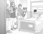  1boy 5girls ;d ^_^ ^o^ arisugawa_natsuha bed blush closed_eyes dorontabi extra faceless faceless_male full-face_blush greyscale highres hospital hospital_bed hospital_gown houkago_climax_girls_(idolmaster) idolmaster idolmaster_shiny_colors komiya_kaho looking_at_another monochrome morino_rinze multiple_girls one_eye_closed saijou_juri sitting smile sonoda_chiyoko 