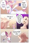  amber_eyes blue_eyes blush butt comic dialoge eeveelution female female/female feral fluffy gradient_background grin hi_res kemono loreking ninetales nintendo pok&eacute;mon pok&eacute;mon_(species) ribbons simple_background smile sylveon text video_games 