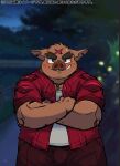  2022 anthro blush bottomwear brown_body clothing detailed_background humanoid_hands kemono male mammal night outside overweight overweight_male pants scar shirt solo suid suina sus_(pig) tiri_mama topwear wild_boar 