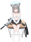 1girl absurdres animal_ears arms_between_legs assault_rifle bag bare_shoulders black_skirt blue_archive blue_eyes blush bra breasts bullet cat_ears cleavage clipstupid commentary_request cross_hair_ornament desk earrings eyebrows_visible_through_hair full_body grey_hair gun hair_ornament halo highres jewelry kneehighs long_hair long_sleeves looking_at_viewer magazine_(weapon) no_shoes rifle school_bag school_desk school_uniform shiroko_(blue_archive) shirt shirt_removed simple_background sitting skirt small_breasts solo strap_slip stud_earrings underwear weapon weapon_request white_background white_bra white_legwear white_shirt 