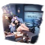  1girl alarm_clock azur_lane belt black_belt black_bra black_choker black_footwear black_gloves black_headwear black_jacket bra bra_peek breasts choker cleavage clock crying cuffs eyewear_on_head file_cabinet full_body gloves handcuffs hat high_heels highres holding holding_phone indoors jacket large_breasts legs_on_table light_purple_hair looking_at_viewer manjuu_(azur_lane) multicolored_hair official_alternate_costume official_art paper pavapo peaked_cap pen phone plant potted_plant red_hair short_sleeves skindentation solo streaked_hair tallinn_(as_you_say_ma&#039;am!)_(azur_lane) tallinn_(azur_lane) thigh_strap transparent_background two-tone_hair underwear 
