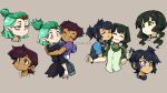  4girls amity_blight belt_collar bikini bikini_top_only black_hair black_rock_shooter blue_eyes brown_eyes brown_hair collar couple cropped_hoodie dan_heron dark-skinned_female dark_skin green_eyes green_hair hair_pulled_back hood hoodie hug kuroi_mato luz_noceda multicolored_hair multiple_girls short_hair simple_background smile swimsuit takanashi_yomi the_owl_house twintails two-tone_hair upper_body very_short_hair yellow_eyes yuri 