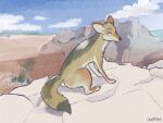  2022 ambiguous_gender canid canine canis coyote day detailed_background digital_media_(artwork) feral mammal outside sitting sky smile solo unimpressive 